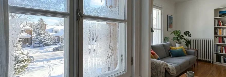 Une fenêtre résidentielle couverte de givre et de condensation excessive vue de l'intérieur d'un salon québécois lumineux pendant l'hiver