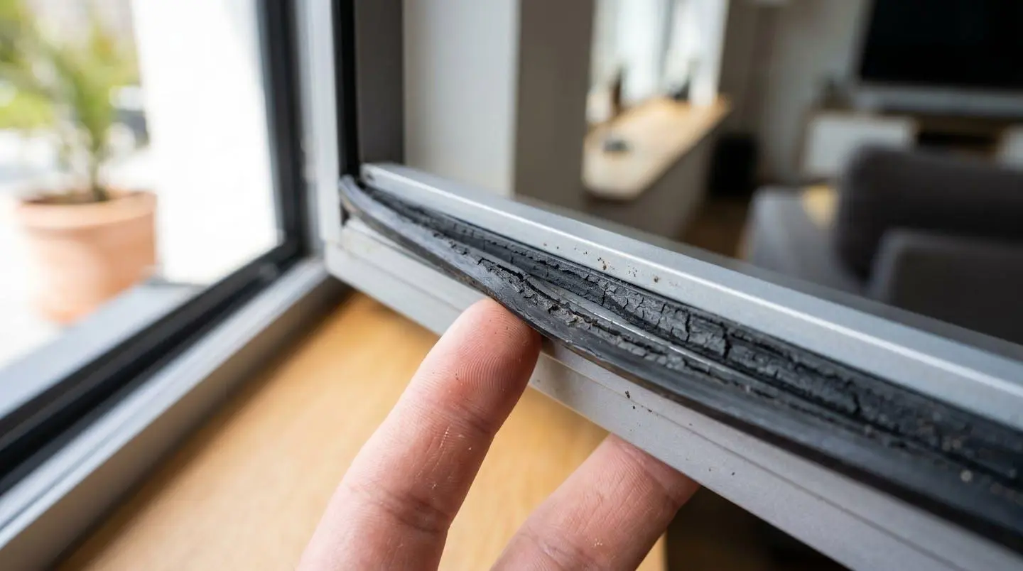 Gros plan sur une main vérifiant un coupe-froid de fenêtre durci et craquelé montrant des signes d'usure avancée