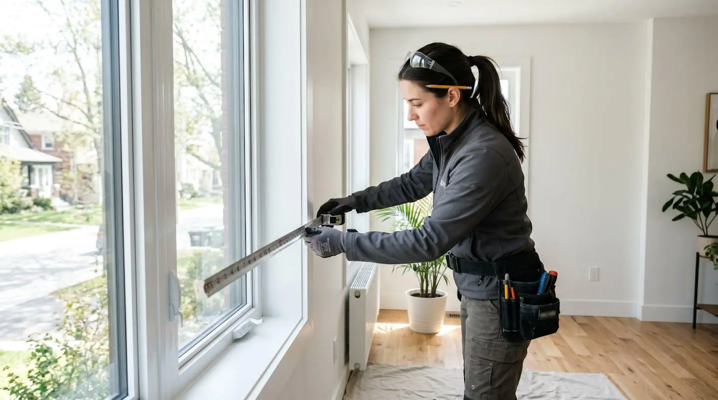 Un installateur professionnel mesure un cadre de fenêtre avec un ruban à mesurer dans un intérieur résidentiel québécois moderne, photographié de profil