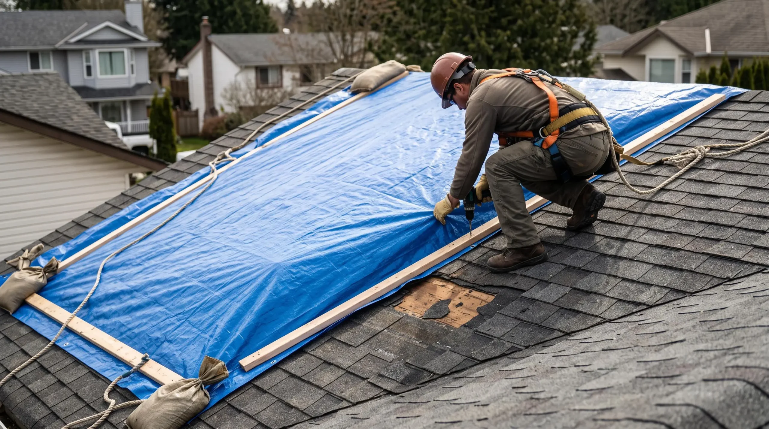 Entrepreneur en couverture installant une bâche de protection sur une section de toiture endommagée