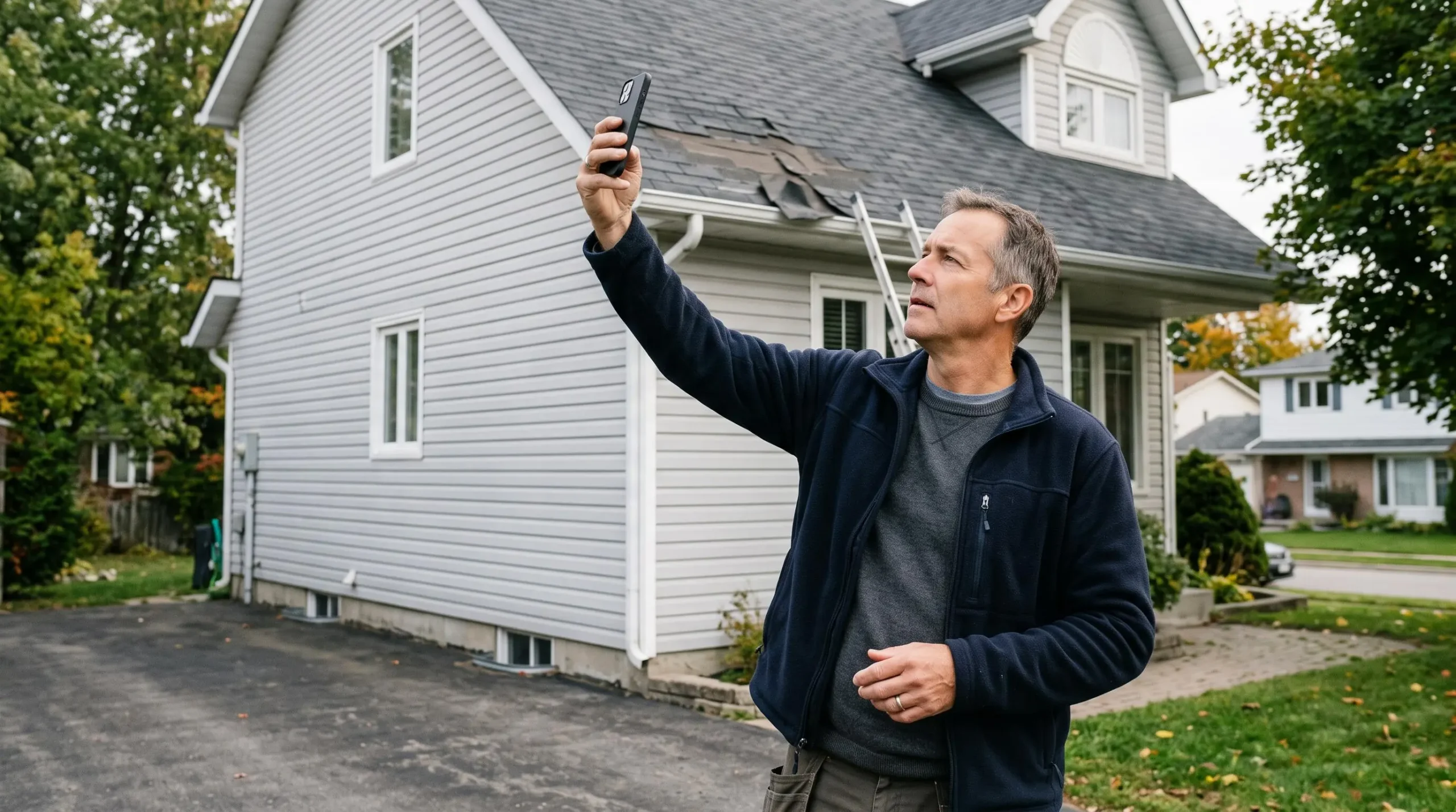 Propriétaire canadien photographiant les dommages de toiture avec un téléphone intelligent pour la documentation d'assurance
